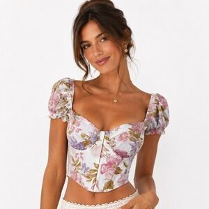 Windsor Bustier Floral Corset Top Pink Purple Puff Sleeve Coquette Size M